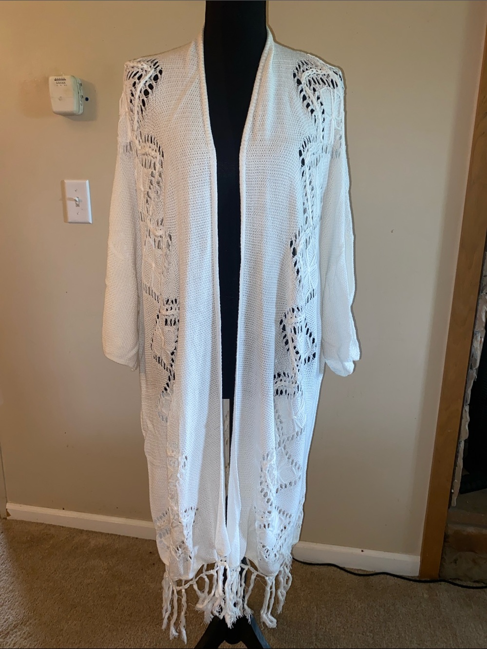 Chico's size 3 Open-Knit Fringe Cardigan